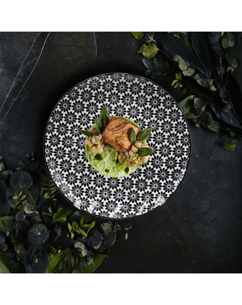 6 Grandes assiettes Komae en Porcelaine noir/blanc - D.25.7 cm