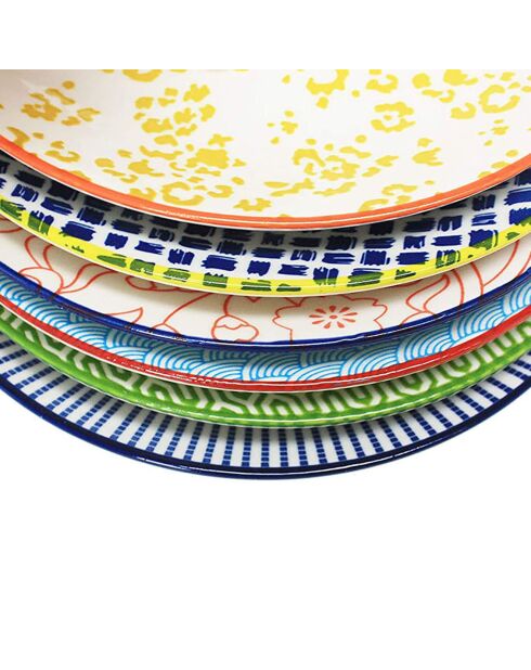 6 Grandes assiettes en Porcelaine Sabae multicolores - D.26 cm