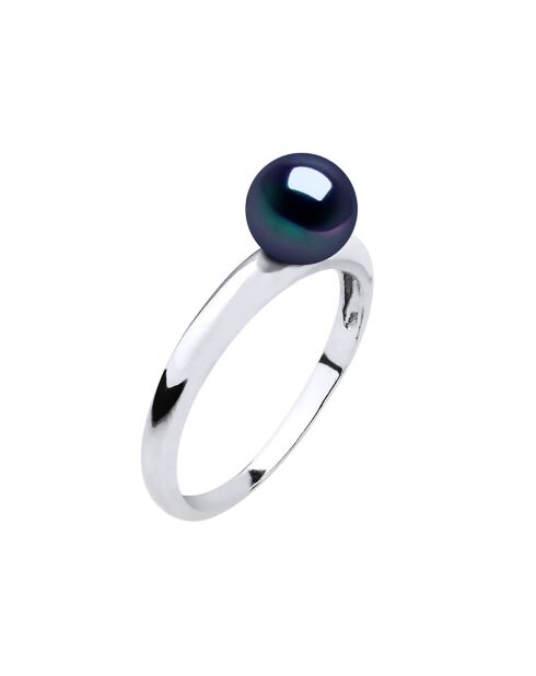 Bague Or Blanc & Perle d'Eau Douce ronde noire