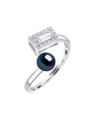 Bague ajustable Rectangulaire Argent rhodié, Zircone & Perle d'Eau Douce bouton noire