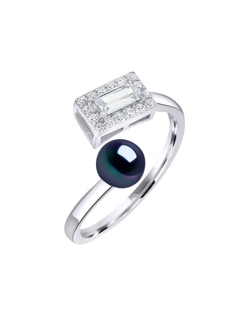 Bague ajustable Rectangulaire Argent rhodié, Zircone & Perle d'Eau Douce bouton noire