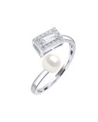 Bague ajustable Rectangulaire  Argent rhodié, Zircone & Perle d'Eau Douce bouton blanc naturel