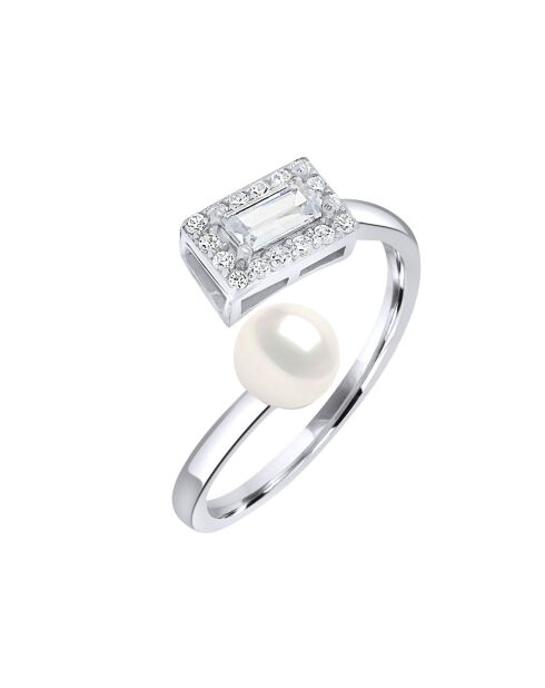 Bague ajustable Rectangulaire  Argent rhodié, Zircone & Perle d'Eau Douce bouton blanc naturel