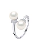 Bague ajustable Toi & Moi Argent rhodié, Zircone & Perles d'Eau Douce boutons blanc naturel