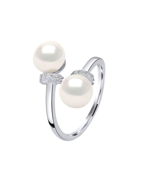 Bague ajustable Toi & Moi Argent rhodié, Zircone & Perles d'Eau Douce boutons blanc naturel