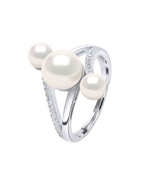 Bague ajustable Trilogy Argent rhodié, Zircone & Perles d'Eau Douce boutons blanc naturel