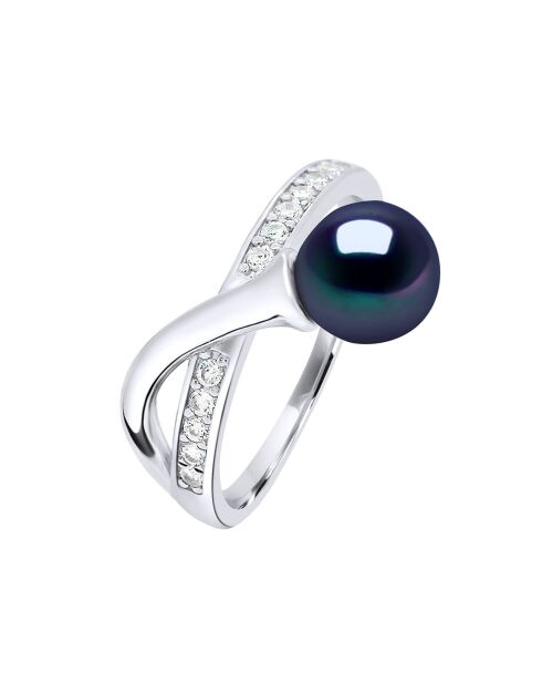Bague ajustable Argent rhodié, Zircone & Perle d'Eau Douce ronde noire