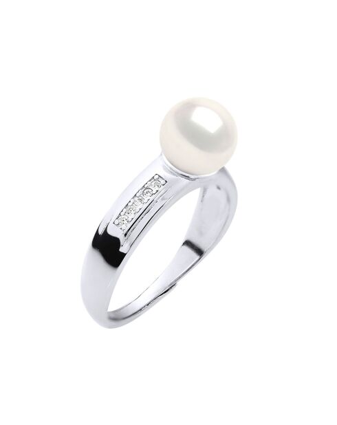 Bague ajustable Jonc Argent rhodié, Zircone & Perle d'Eau Douce ronde blanc naturel