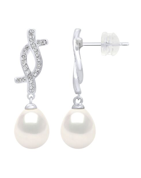 Boucles d'Oreilles Pendantes Argent rhodié, Zircone & Perles d'Eau Douce poires blanc naturel