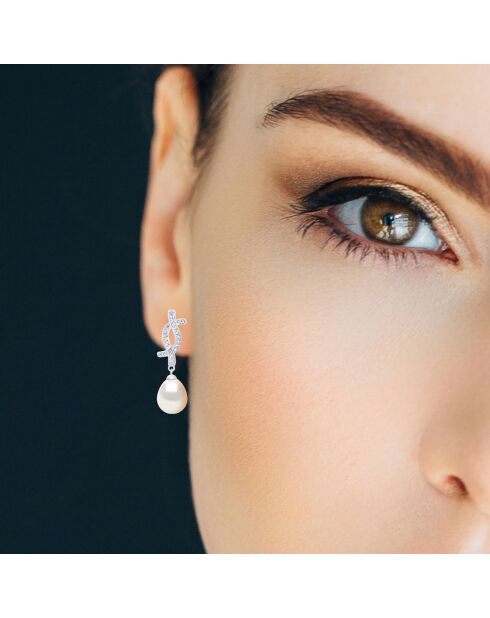Boucles d'Oreilles Pendantes Argent rhodié, Zircone & Perles d'Eau Douce poires blanc naturel