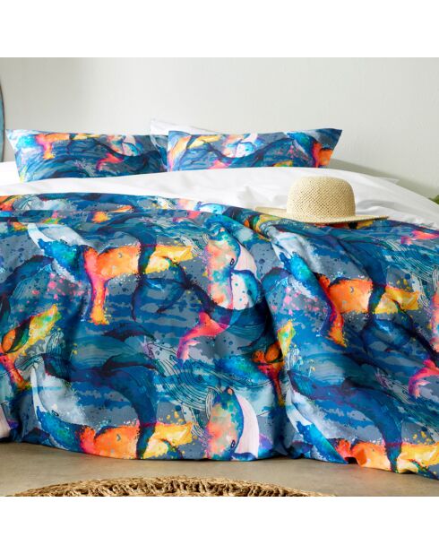 Parure housse de couette percale de coton Whales bleu foncé