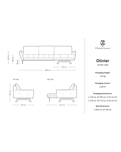 Canapé d'angle droit Modulaire Olivier 4 Places bleu - 264x171x87 cm