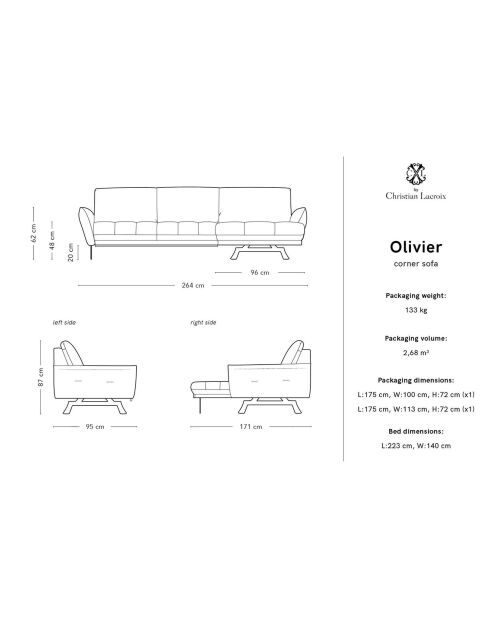 Canapé d'angle droit Modulaire Olivier 4 Places gris - 264x171x87 cm