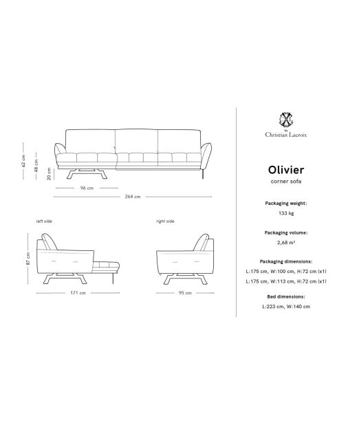 Canapé d'angle gauche Modulaire Olivier 4 Places gris - 264x171x87 cm