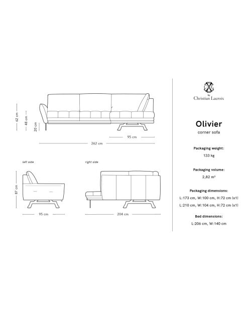 Canapé d'angle droit convertible Olivier 5 Places gris - 262x204x87 cm