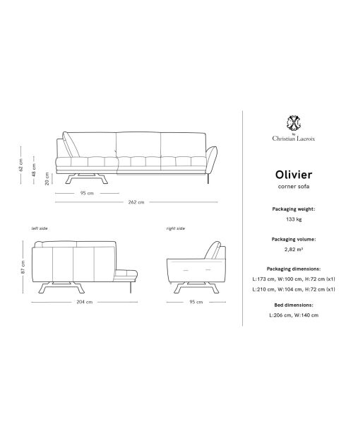 Canapé d'angle gauche convertible Olivier 5 Places gris - 262x204x87 cm