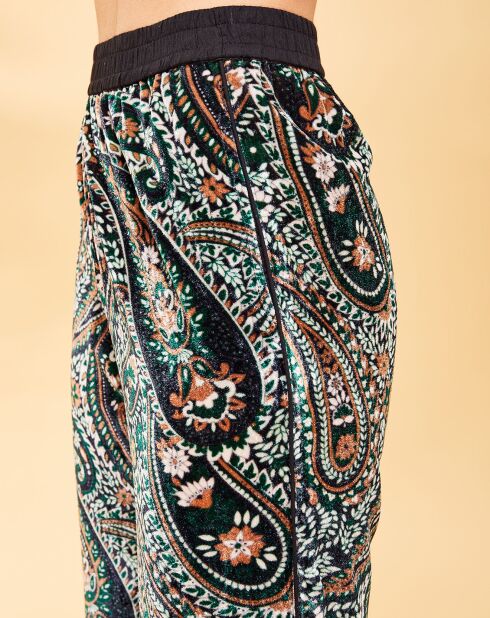 Samthose Margua mit smaragdgrünem Kaschmir-Print