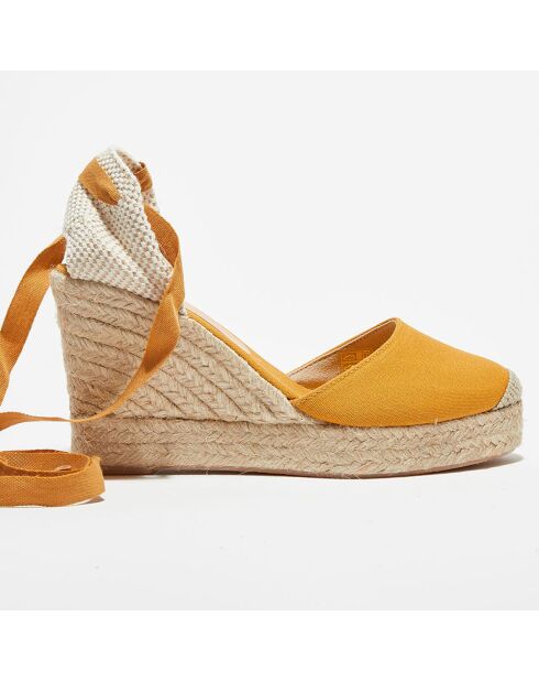 Espadrilles van mosterdgeel textiel en leer - hak van 10 cm