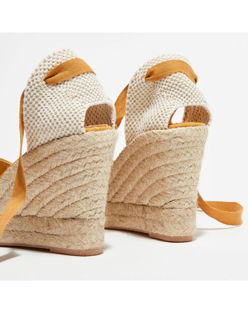 Espadrilles van mosterdgeel textiel en leer - hak van 10 cm