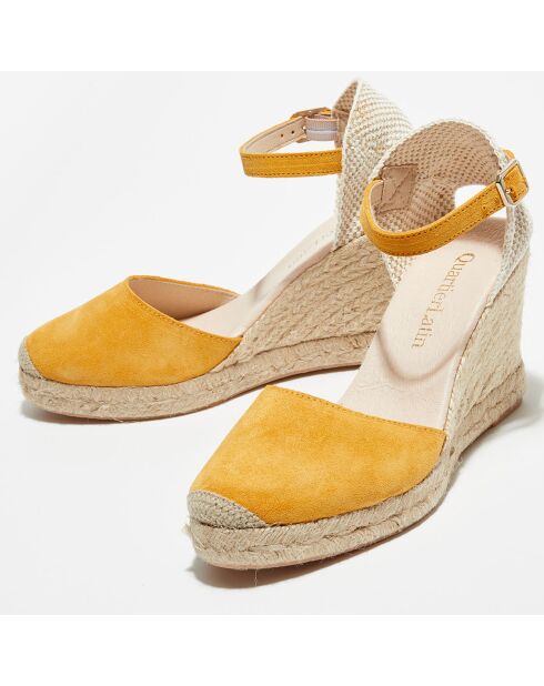 Espadrilles van mosterdkleurig fluweel van leer - hak van 9 cm