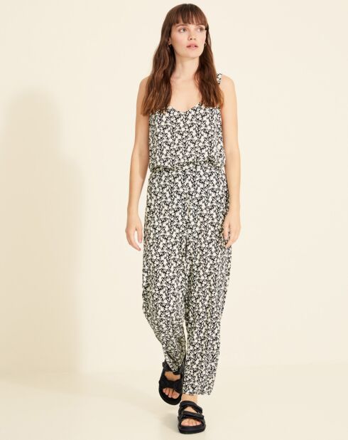 Melanie soepelvallende broek met ecru/zwarte bloemen