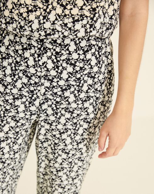 Melanie soepelvallende broek met ecru/zwarte bloemen