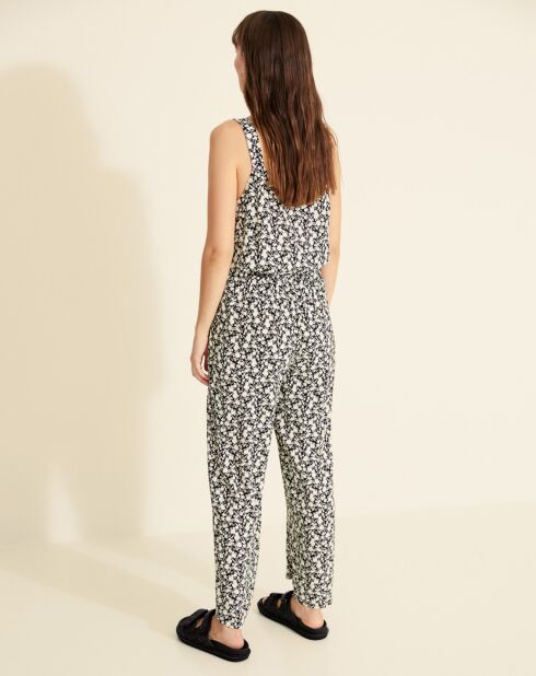 Melanie soepelvallende broek met ecru/zwarte bloemen