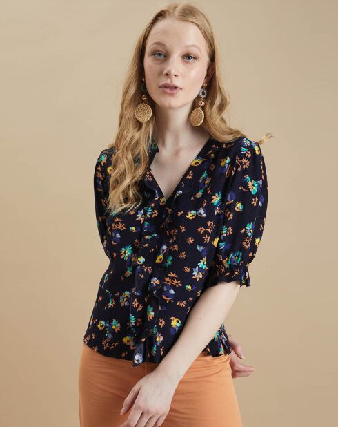 Blouse Hesse à fleurs marine