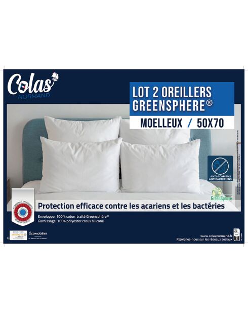 2 Oreillers moelleux anti-acariens & anti-bacteriens blancs - 45x70 cm