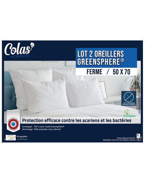 2 Oreillers ferme anti-acariens & anti-bacteriens blancs - 45x70 cm