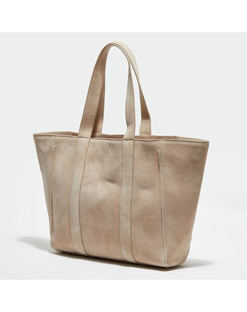 Sac cabas en Velours de  Cuir Lise beige - 29x35x9 cm