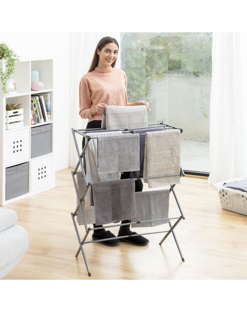 Séchoir à linge métallique pliable et extensible avec 3 hauteurs Cloxy gris - 11 barres