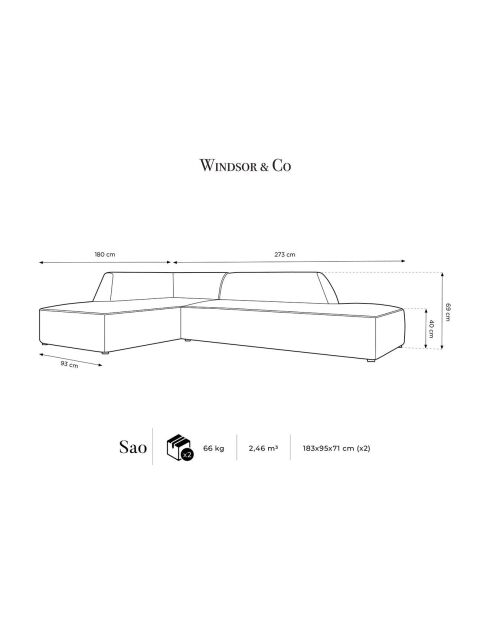 Canapé d'angle gauche 4 places velours Sao rose - 273x180x69 cm