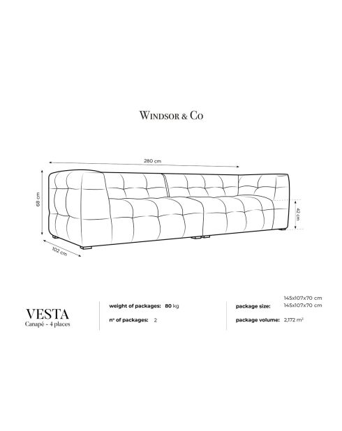 Canapé velours 4 places Vesta bleu clair - 280x102x68 cm