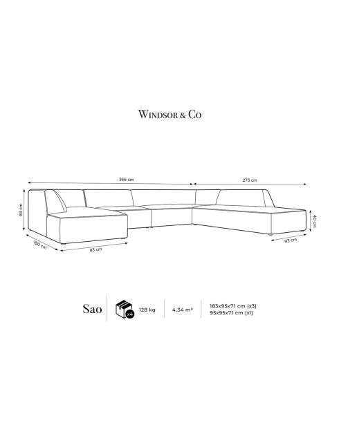 Rechtes Panorama-Ecksofa Samt Sao 7 Sitzer schwarz - 366x273x69 cm