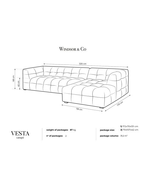 Canapé d'angle droit 5 places velours Vesta menthe - 320x170x68 cm