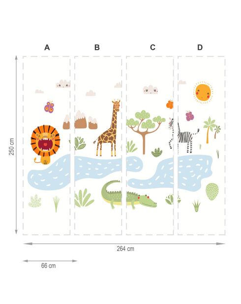 Papier peint textile en vinyle adhésif Safari des enfants  multicolore - 250x264 cm