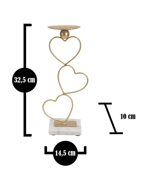 Hearts metalen kaarshouder goud/wit - 14,5x10x32,5 cm