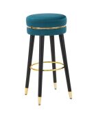 Tabouret de bar en bois et velours paris bleu/doré/noir - D.35x74 cm