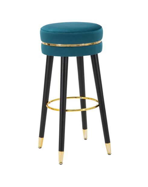 Tabouret de bar en bois et velours paris bleu/doré/noir - D.35x74 cm