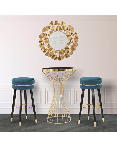 Tabouret de bar en bois et velours paris bleu/doré/noir - D.35x74 cm