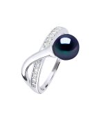 Bague ajustable Argent rhodié, Zircone & Perle d'Eau Douce ronde noire