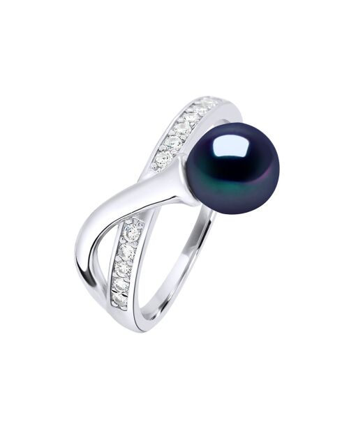 Bague ajustable Argent rhodié, Zircone & Perle d'Eau Douce ronde noire