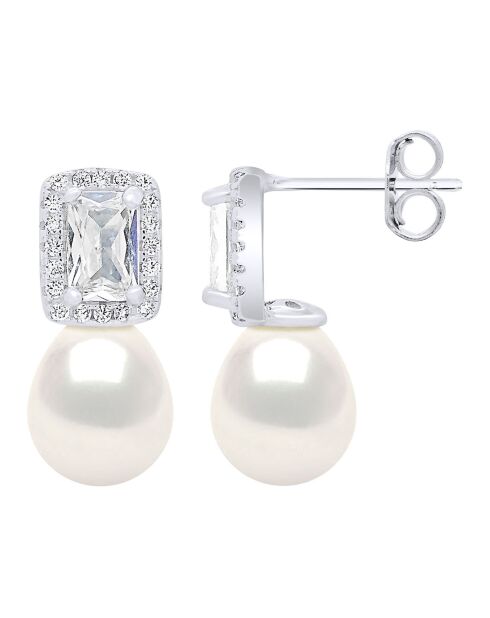 Boucles d'Oreilles Argent rhodié, Zircone & Perles d'Eau Douce poires blanc naturel
