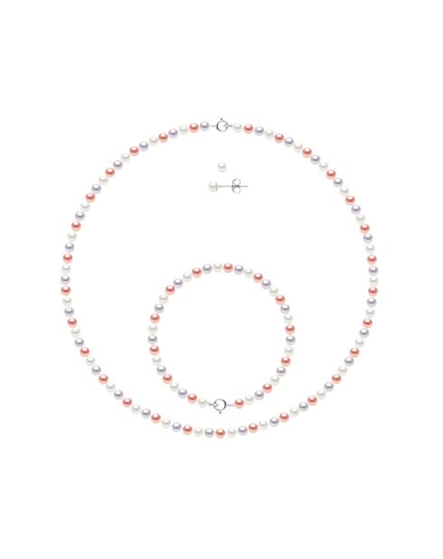 Parure Collier + Bracelet + Boucles d'Oreilles Argent rhodié & Perles d'Eau Douce rondes pastel naturel