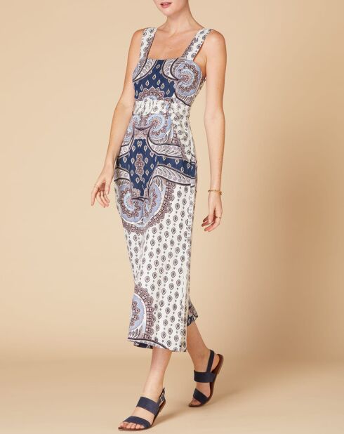 Naïeve ecru/blauwe jumpsuit van katoen en linnen