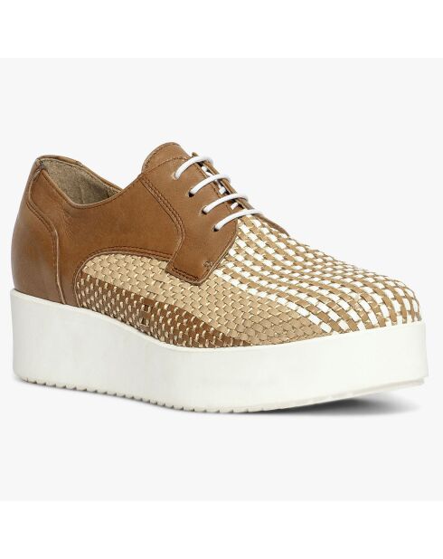 Derbies à plateforme en Cuir & Tissu tressé Lorenti cognac