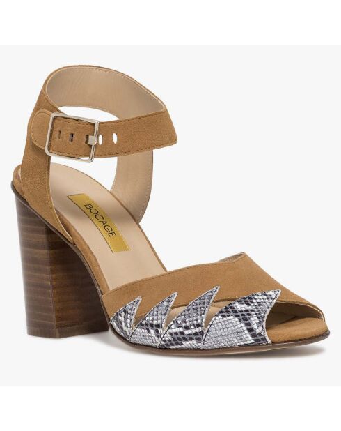 Sandales en Velours de Cuir & Cuir croco Paige cognac - Talon 10 cm