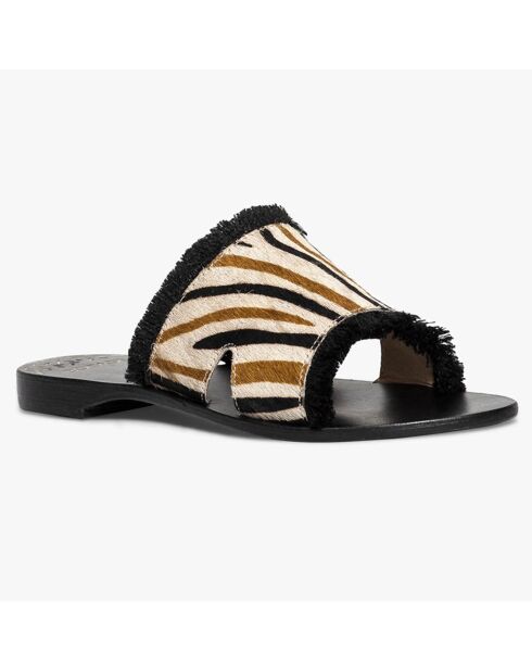 Zabrina Zebra Pantoletten aus Leder im Pony-Stil, schwarz/beige