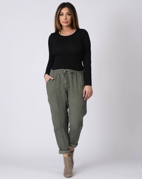 Pantalon 100% Lin Kristen kaki
